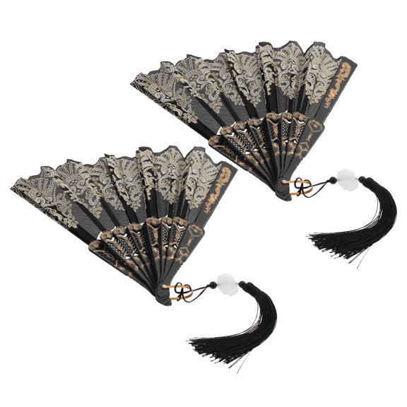 HONMEET Set of 2 Elegant Black Embroidered Chinese Hand Fans, Portable and Stylish for Home and Outdoor Use
