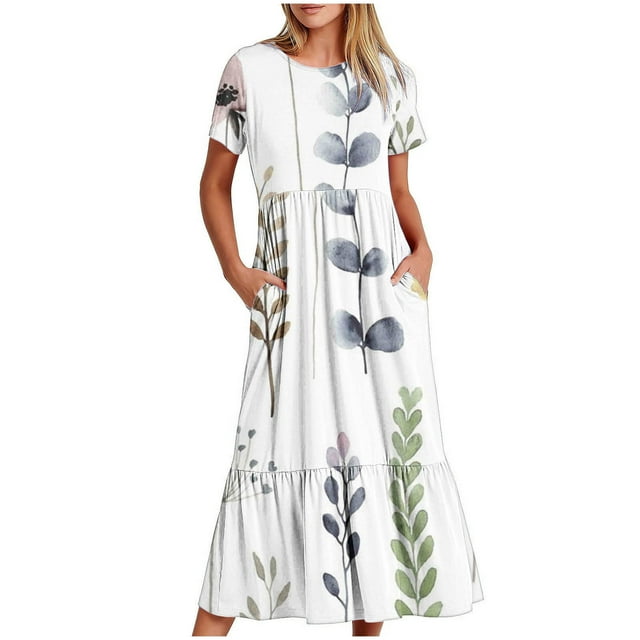 LOVZFMLL Women's Fashionable Short Sleeve Round-Neck Loose Flowers Printed Color Long Dress Multicolor XL