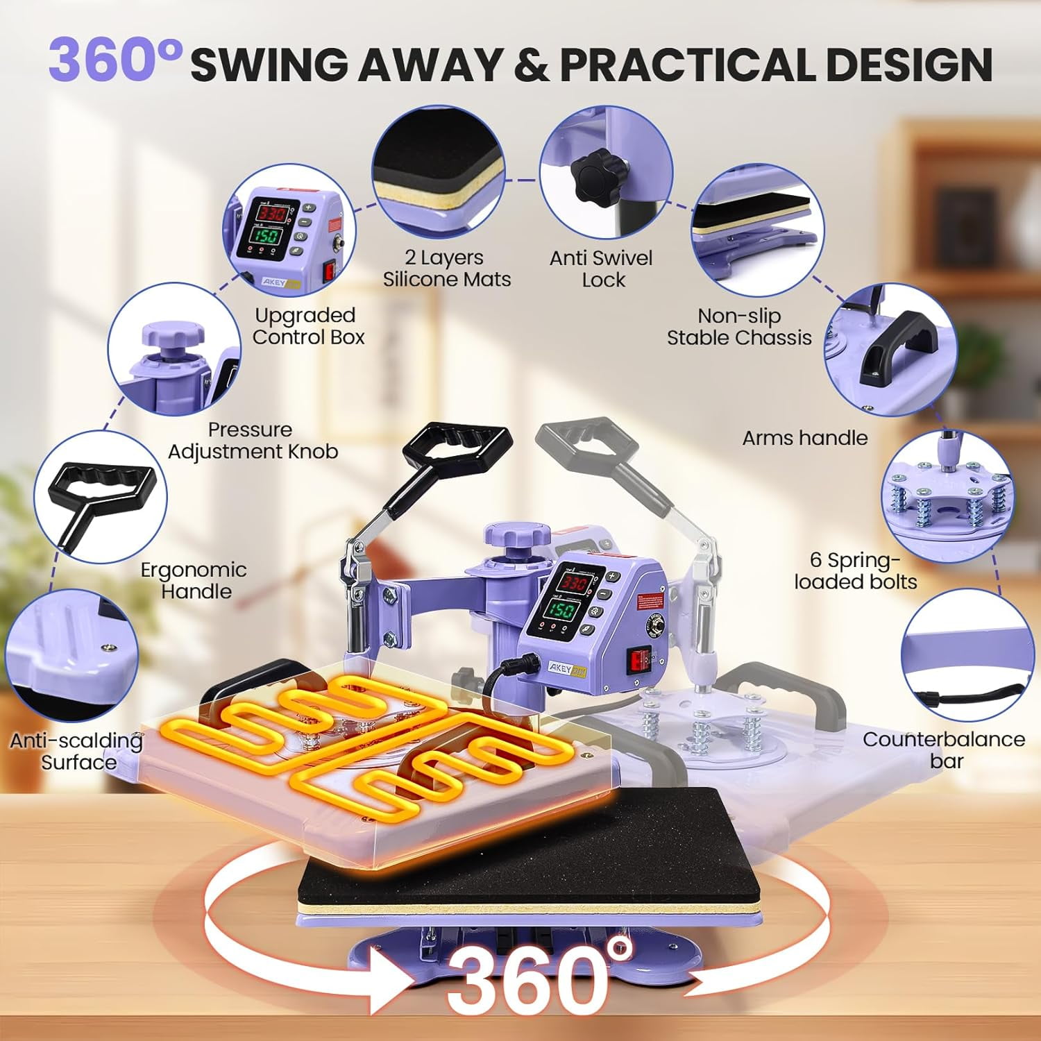 Adnoom 8 in 1 Heat Press Machine Combo, 15"x12" Sublimation Heat Transfer, 360°Swing Away, Digital shirt Press Machine for Hat Cap Mug Plate,Purple