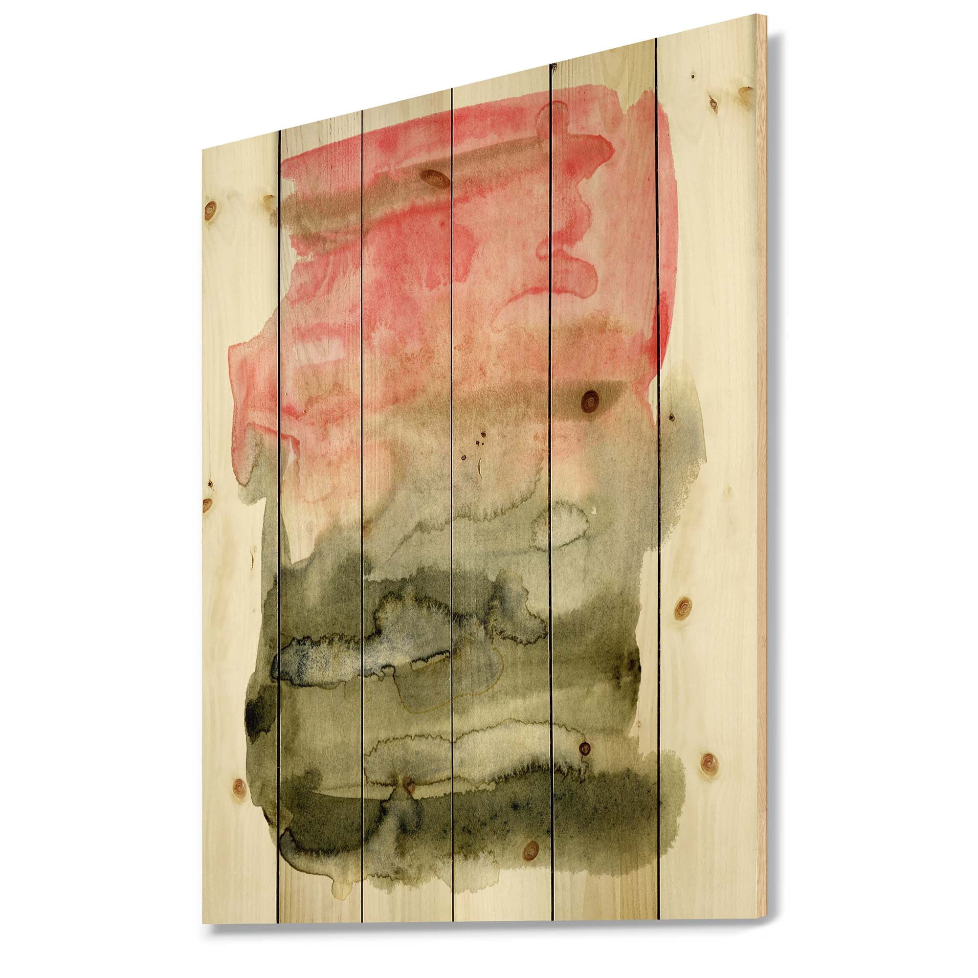 Designart 'Red Pink and Green Abstract Clouds' Modern Print on Natural Pine Wood