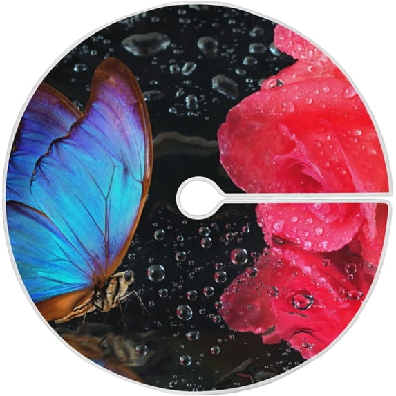 FMSHPON Valentines Day Blue Butterfly Pink Rose Xmas Christmas Tree Skirt Stand Mat for Holiday Party Decoration Indoor Outdoor 48 inches