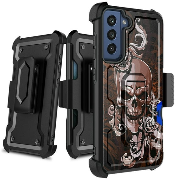 DALUX Card Holster Kickstand Hybrid Phone Case Cover Compatible with Samsung Galaxy S22 (2022) 6.1 inch - Skull Bunch