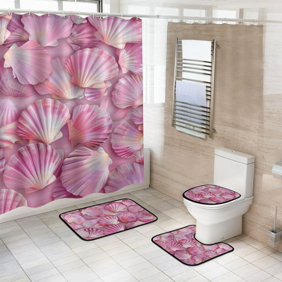 4 Pcs Pink Abstract Seashells Bathroom Shower Curtain Set with 12 Hooks Bath Mat Toilet Lid Cover