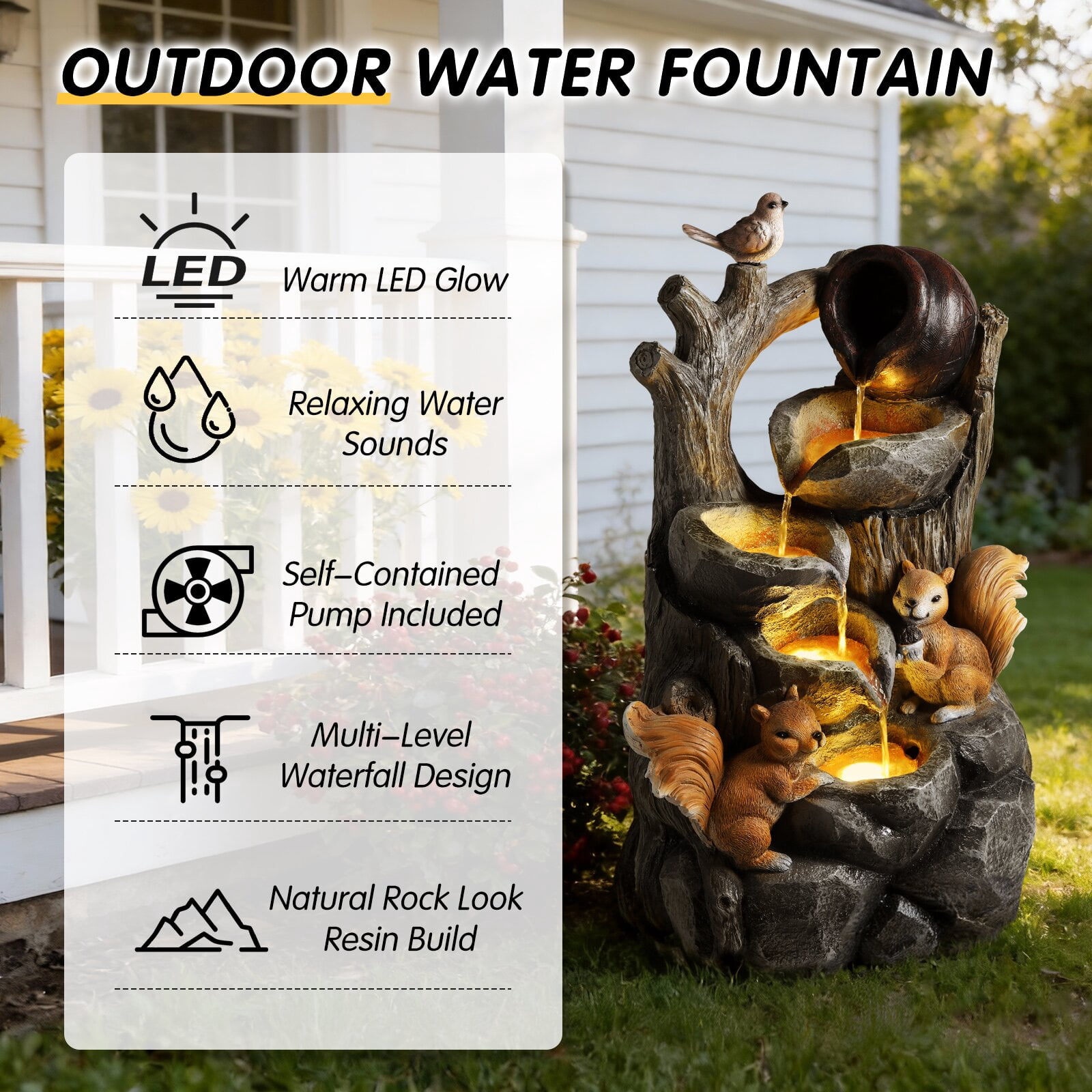 Alukang Outdoor Squirrel Waterfall Fountain with Lights Water Fountains Garden Decoration Resin Tree Stump Pouring Jug for Patio Yard Porch, Gray