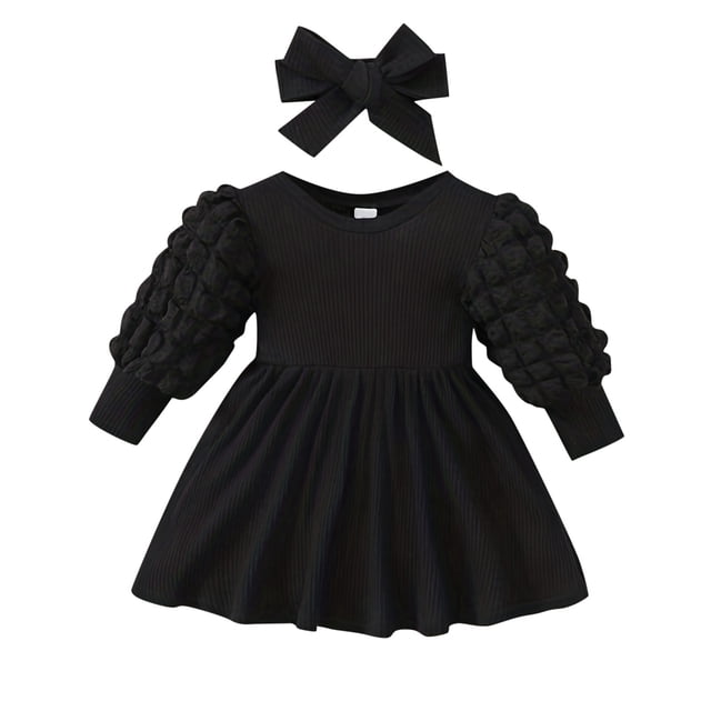 Gibobby Conjunto de pantalón para bebé Bebé niños niña vestidos traje color sólido manga larga vestido + diadema 2 piezas ropa(Negro,3-6 Meses)