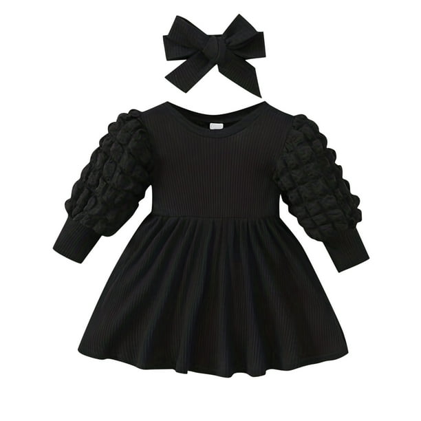 Gibobby Conjunto de pantalón para bebé Bebé niños niña vestidos traje color sólido manga larga vestido + diadema 2 piezas ropa(Negro,6-9 Meses)