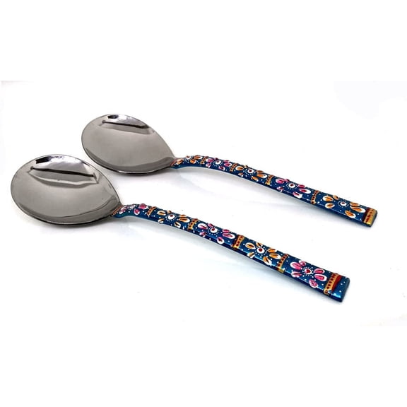 Rastogi Handicrafts Copper Bamboo Hand Painted Meena Work Dinnerware flatware serving spoon utensils Set Of Two (Terquaise)