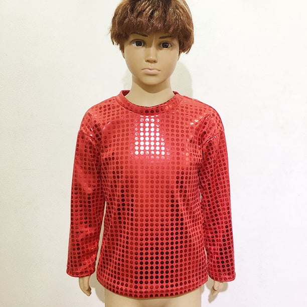 Disfraz de escenario para adultos para niños y niñas, con puntos de ondas láser y lentejuelas, camiseta de manga larga y cuello redondo