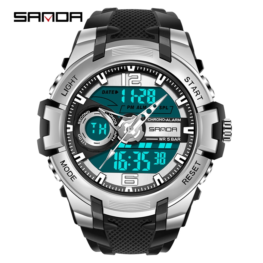 Sanda Men's Analog Sports Watch, LED Large Face Waterproof Wrist Watches, Dual Dial Digital Analog Watches for Men  6015