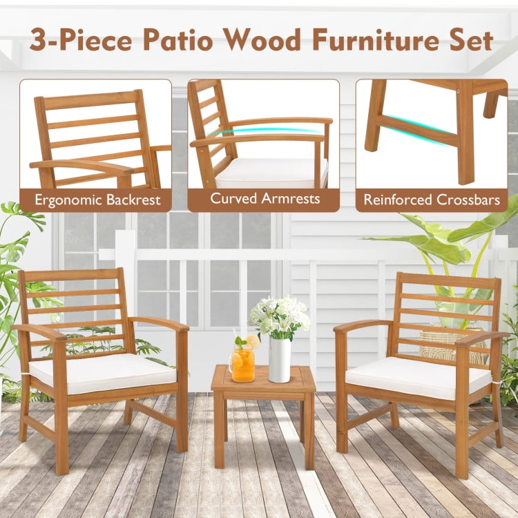 Aimee Lii 3 Pieces Outdoor Furniture Set with Stable Acacia Wood Frame, Patio Furniture Sets, White Aimee Lii 3 Pieces Outdoor Furniture Set with Stable Acacia Wood Frame, Patio Furniture Sets, White