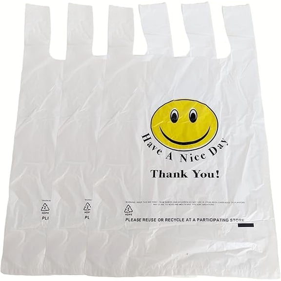 EcoQuality 1/8 Medium White Plastic Shopping Bags 10x5x18 Smiley Face Takeout Bags for Delivery, Grocery, and Restaurant (180)