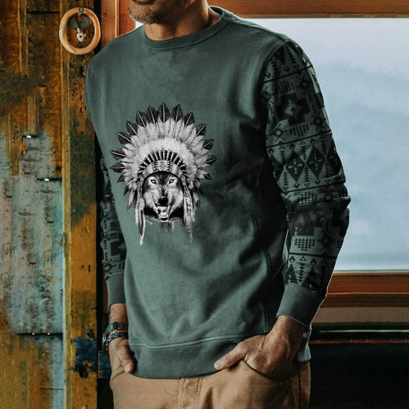 COSFO Crew Neck Shirts for Men Long Sleeve Green Casual Wolf Pullover Oversized Tshirts for Men