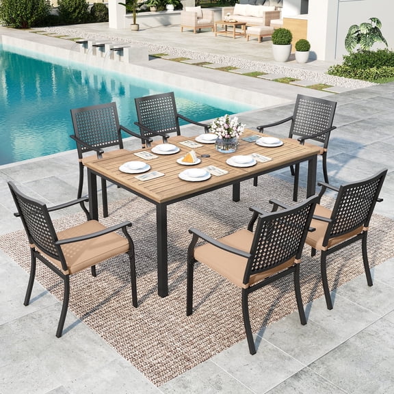 SUMMIT LIVING 7-Piece Outdoor Patio Dining Set with 6 Steel Stackable Armchairs with Cushions (Weight Capacity 350 lbs) & 1 Steel Rectangular Table with Umbrella Hole, Black & Brown