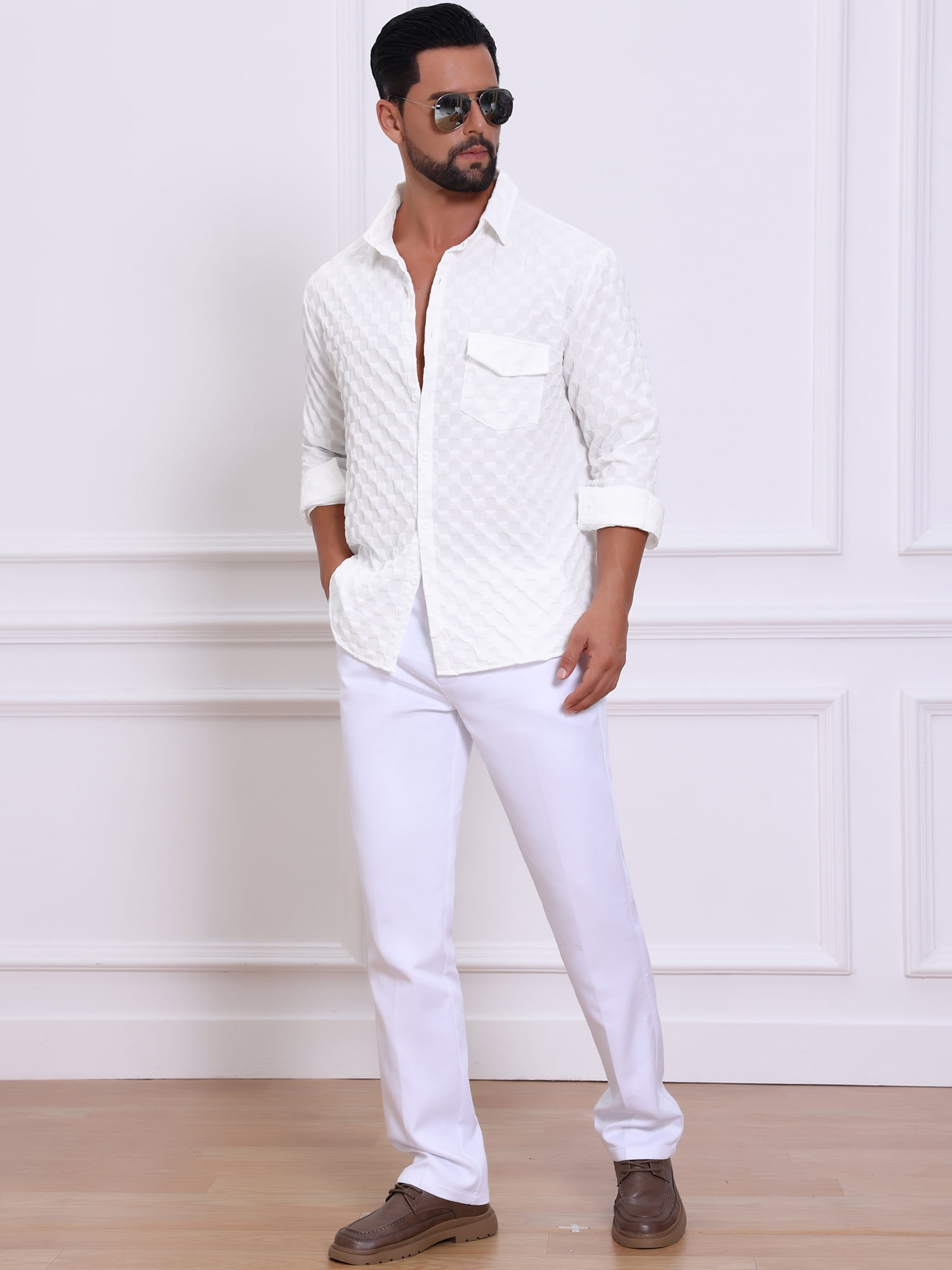 DARING DIVA Men's Plaid Textured Casual Long Sleeve Button Down Shirt 2XL White