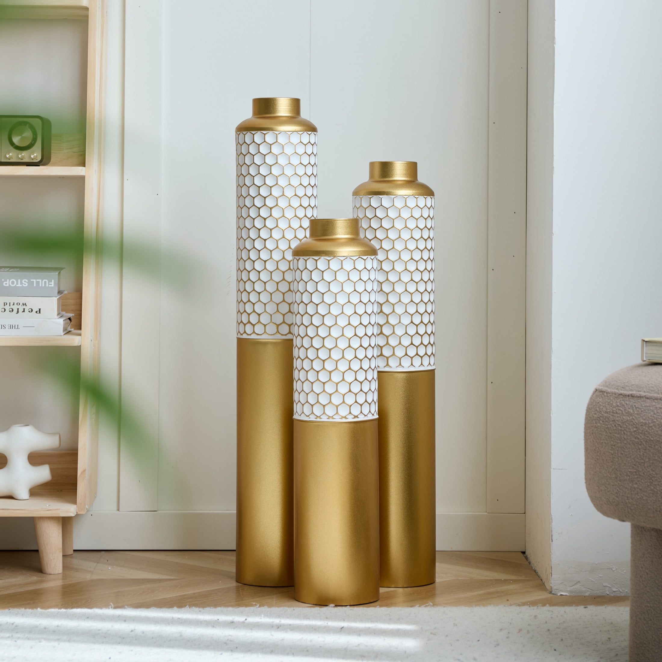 Noble House 3-Piece Metal Floor Vase Set, Textured Hexagonal Pattern Decorative Vases, Gold + White