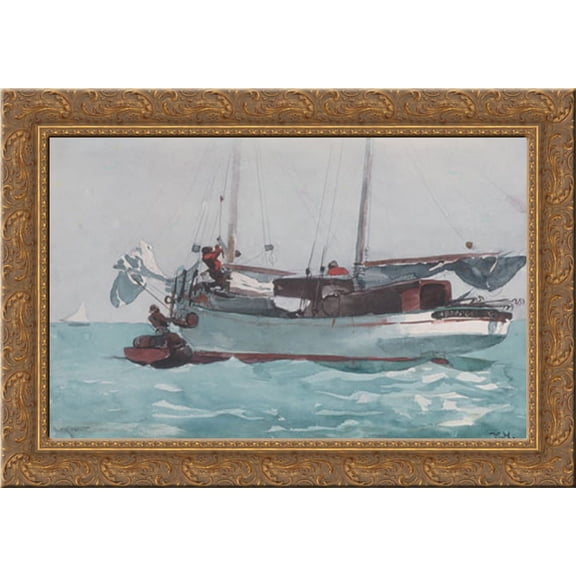 Taking on Wet Provisions (Schooner marked Newport, K.W.) 24x18 Gold Ornate Wood Framed Canvas Art by Homer, Winslow