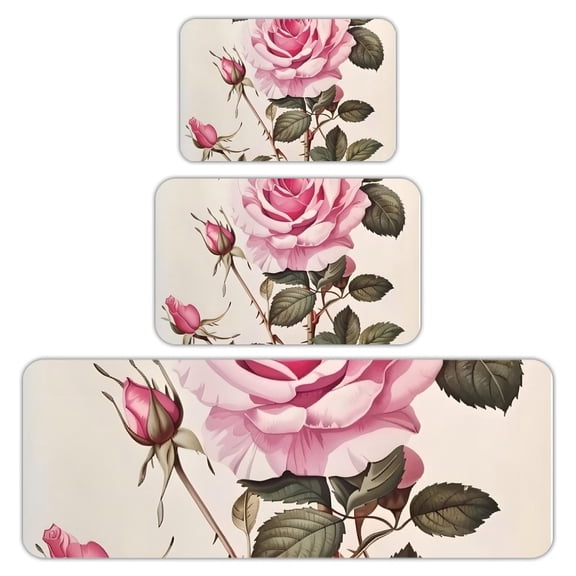 RKSupls Kitchen Rug Set 3 Piece Anti-Slip Flannel Floor Mats, Pink Rose Leaves Washable Absorbent Runner Mats for Kitchen Bathroom Home Decor