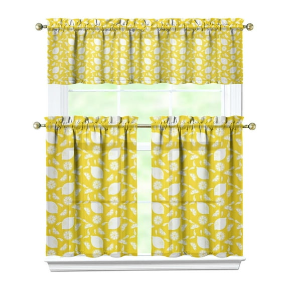 Kitchen Curtains 36 Inch Short - 3 Panel Set Lemon Print, Rod Pocket Window Curtains 100% Polyester, Cute Fruit Valance for Farmhouse, Cafe, Living Room, Bedroom, Easy Wash