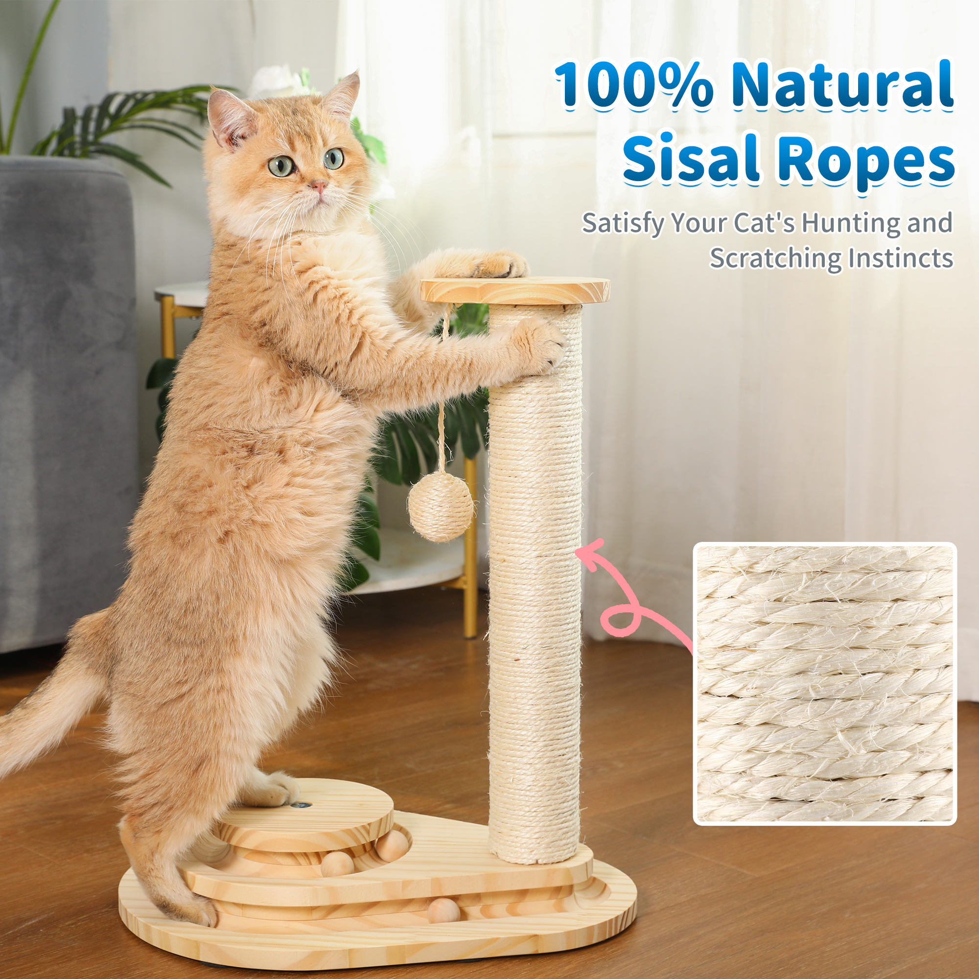 Cat Scratcher, Scratching Post for Indoor Cats with Stable Widen Base, 18.9" Tall Wood Ball Toy with 2-Level Track for Small Kittens, Natural Sisal Rope and Ball for Fun