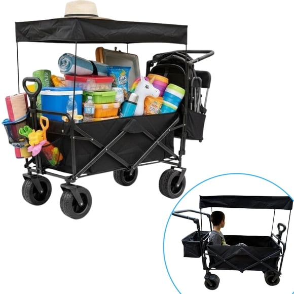 Carrito Tipo Vagón Plegable para Niños y Carga, con Toldo, Jaladera, Manubrio, Ruedas Todo Terreno y Freno – Negro