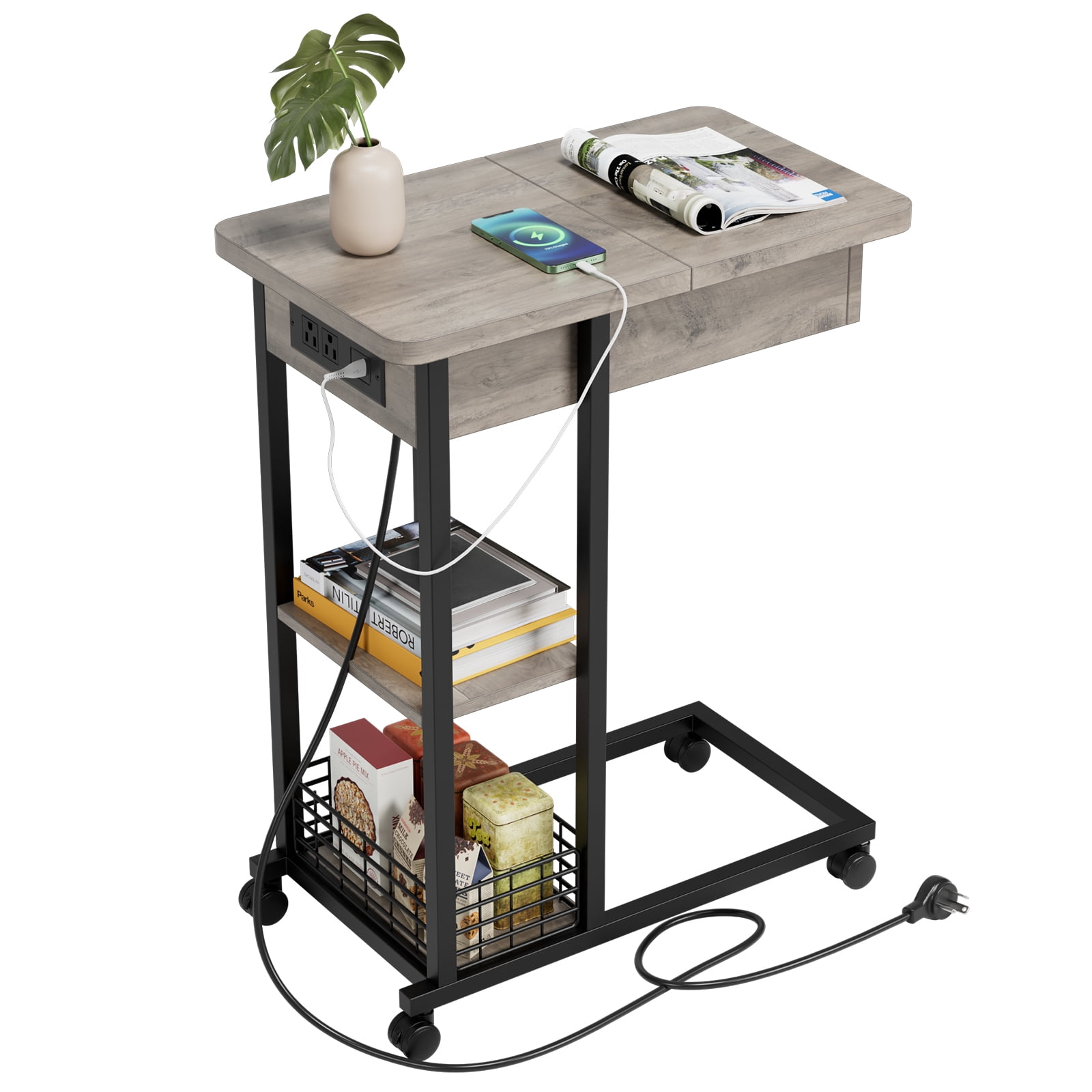 C Shaped Side Table with Charging Station, Flip Top Sofa End Table with