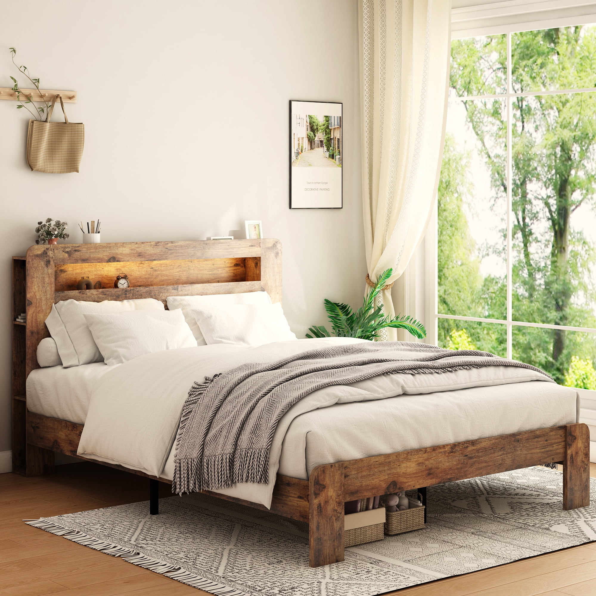 Gewnee King Size Wood Platform Bed Frame with LED Storage Headboard, No Box Spring Needed, Dark Brown