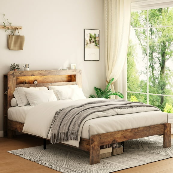Pinovk Bed Frame Full Size, Wood Platform Bed Frame with Storage LED Light Headboard and 2 USB , Noise Free,No Box Spring Needed and Easy Assembly Tool,Large Under Bed Storage,Dark Brown