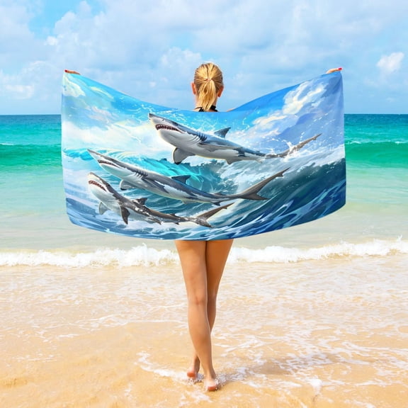 Ryvnso Three Sharks with Waves Oversized Beach Towel Microfiber Bath Blankets Swimming Fitness 37" x 74"