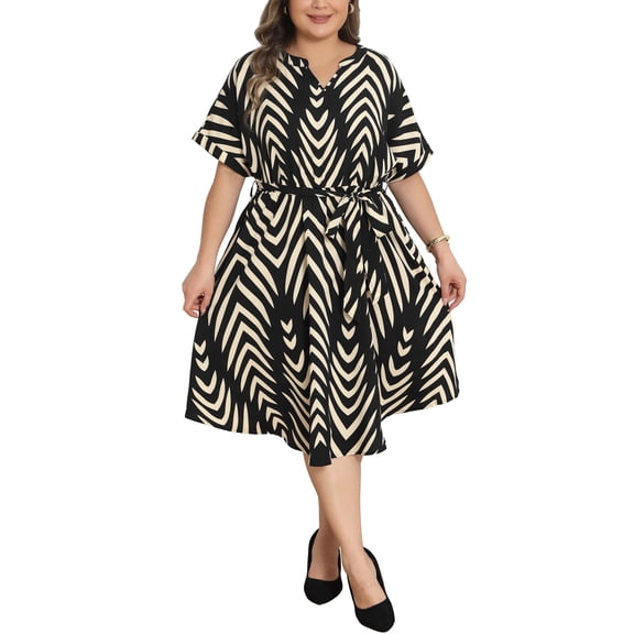 Agnes Orinda Women's Plus Size Dress Chevron V Neck Short Sleeve Striped Detachable Belt Casual Beach Dresses 2026 1X Black
