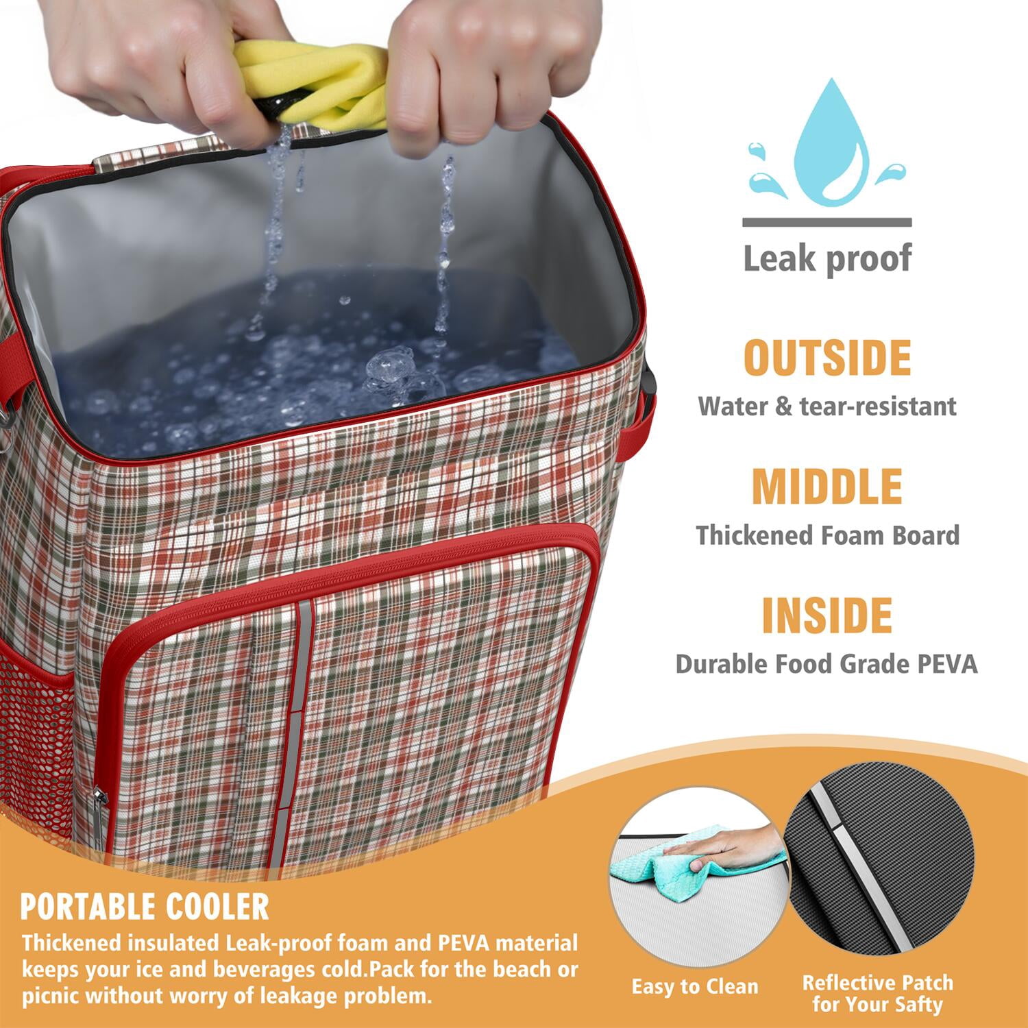 Travel Cooler Bag - Red and Green Christmas Plaid Pattern Camping Beer Cooler Backpack with Bottle Opener- Waterproof Insulated Picnic Backpacks - Cooler Bag for Beach