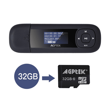 AGPTEK U3 8GB MP3 Player, Music Player with FM Radio, Recording, USB Flash Drive, attached 32GB SD card,