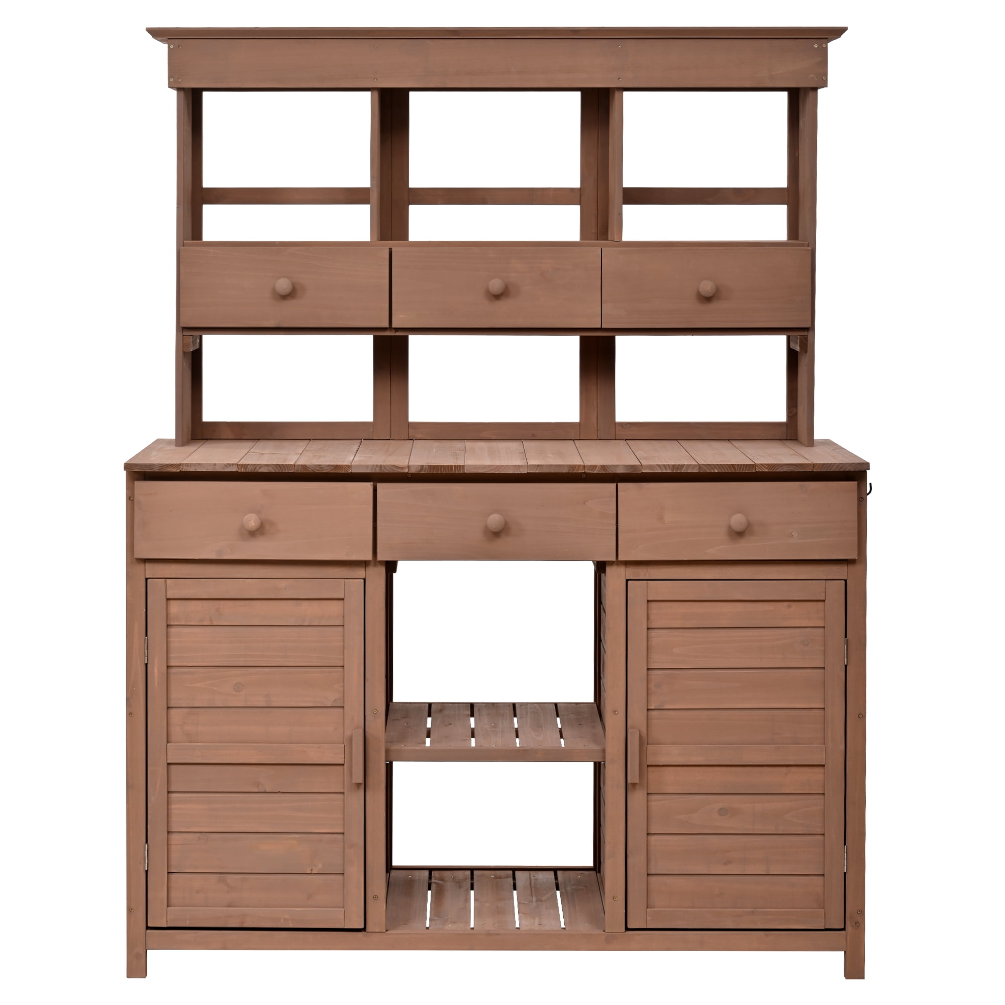 MAYEERTY 65.7" Tall Garden Potting Bench Table with Hutch – Rustic Outdoor Workstation with 3 Shelves, 6 Drawers, 2 Cabinets & Side Hooks