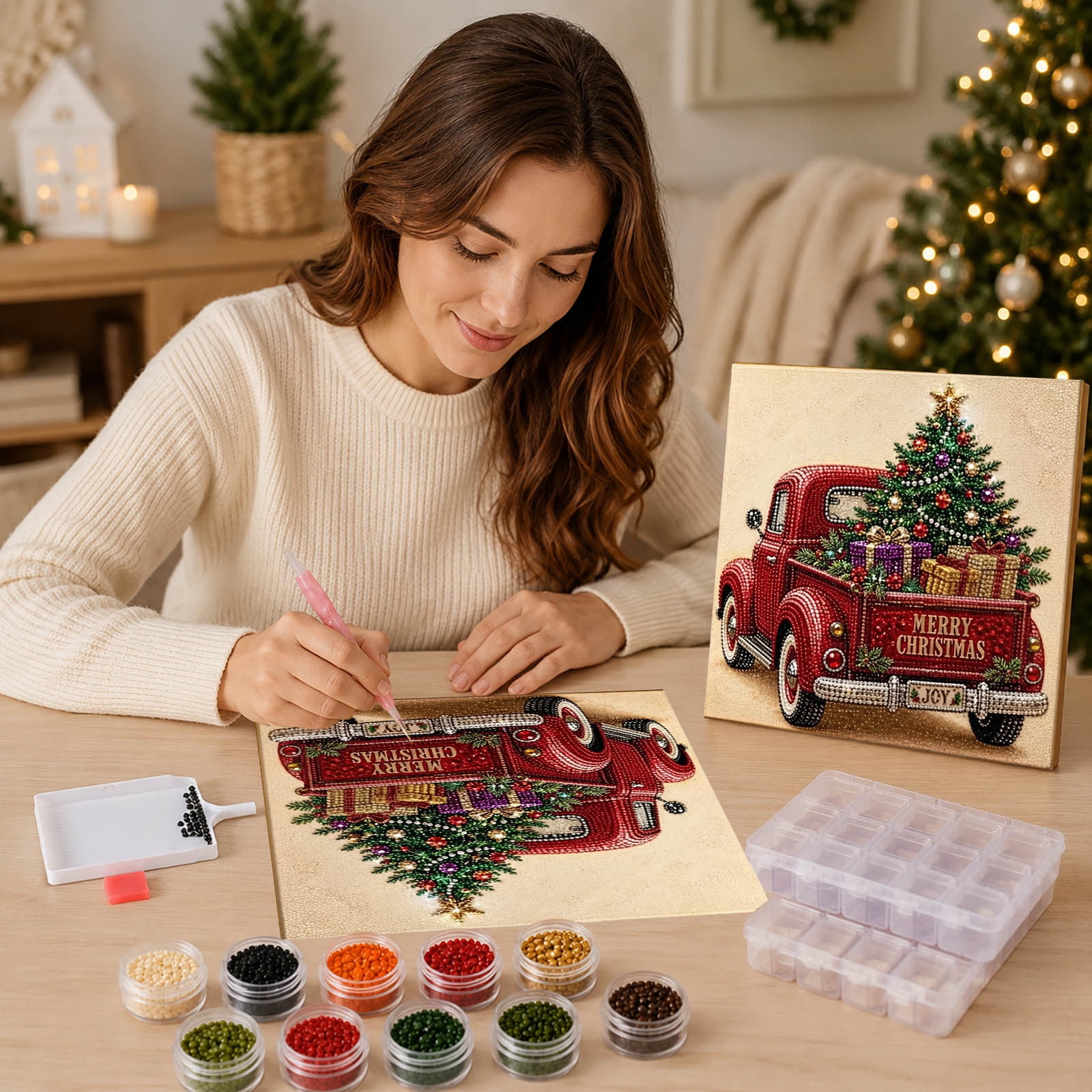 Christmas Pearl Art DIY Kit 3D Gem Painting Set Pre-Printed Canvas With All Tools Winter Holiday Handmade Diamond Painting Craft Kit For Adults Family Activity Beginner Friendly