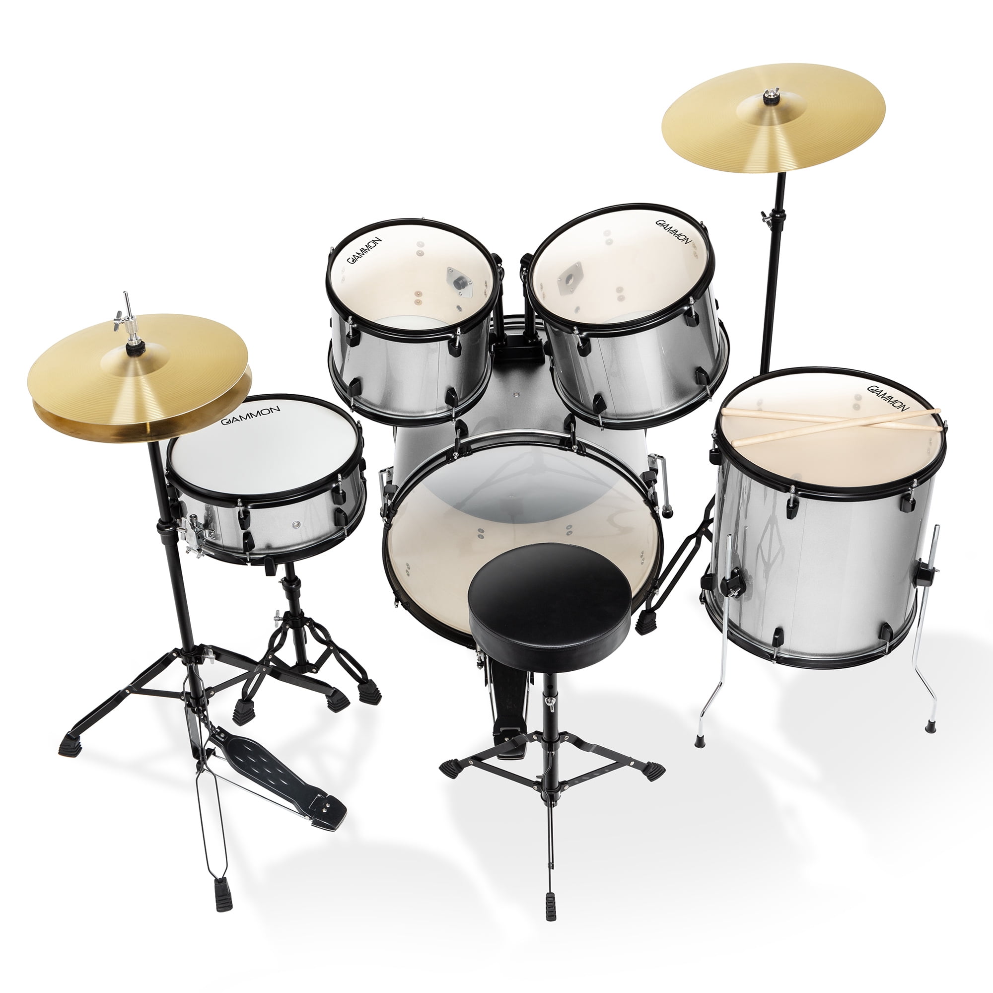 Gammon Percussion 5pc Adult Drum Set - Full Size Beginner Kit w/ Stool & Stands - Silver