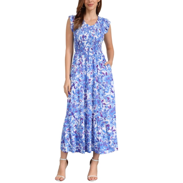 INSPIRAR CHIC Vestidos de Verano para Mujeres Casual con Mangas Cortas en V Cuello Fruncido Floral con Volantes y Capas Fluidas Maxi Vestido de Playa XL Azul