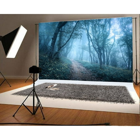 Image of MOHome 7x5ft Jungle Forest Backdrop Photography Background Gloomy Grass Field Dirt Road Path Scary Nature Landscape Wallpaper Kids Adults Costume Party Portraits Backdrops Photo Studio Props