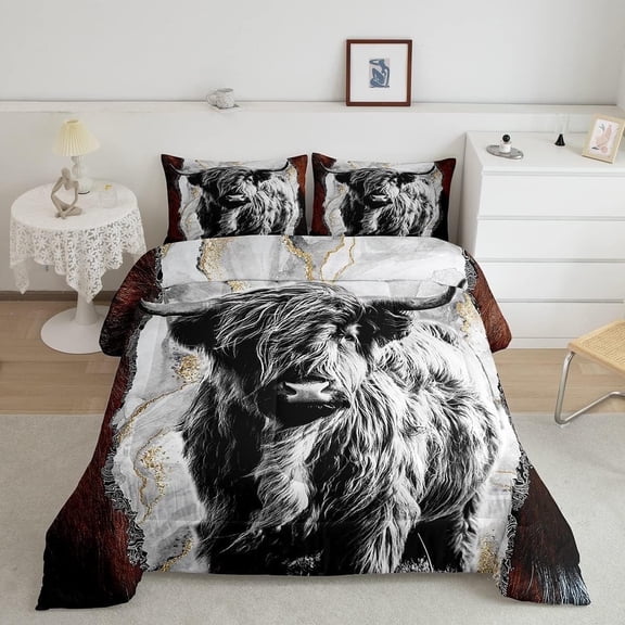 Highland Cow Comforter Set Full,Bull Cattle Bedding Set,Gold Grey Marble Duvet Insert Men,Wildlife Farmhouse Cow Down Comforter with 2 Pillowcases Home Room Decor