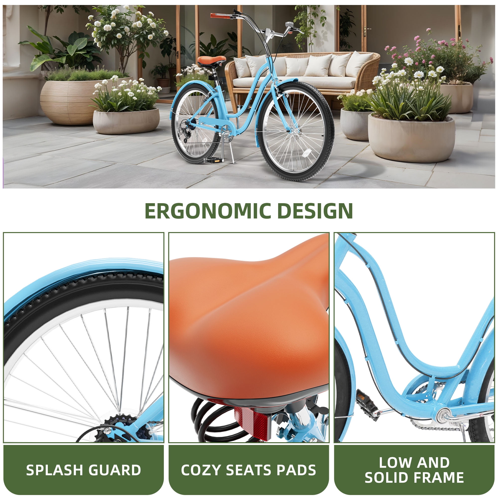 Uforic 26 Inch Beach Cruiser Bike, 7-Speed, Step-Through Bicycle for Men & Women, Steel Frame, Light Blue