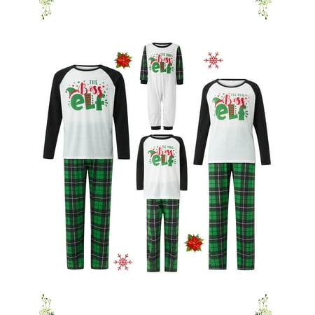 

Peyakidsaa Family Matching Christmas Pajamas Set Elf Hat Letter Print Tops Plaid Pants 2PCS Sleepwear Xmas Pjs