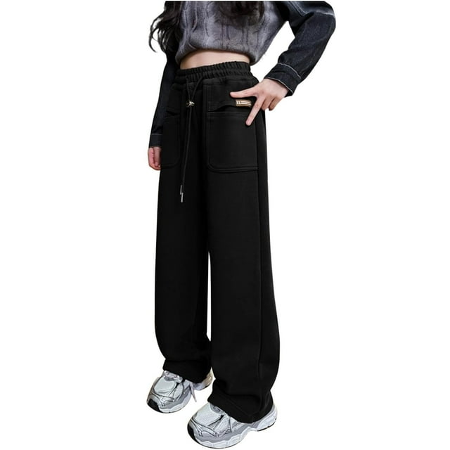 hoksml Girls Solid Color Sweatpants Casual Relaxed Pockets Straight Leg Pants with Adjustable Drawstring Waist