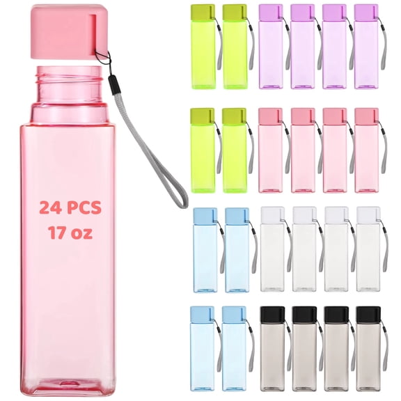 24 PCS Colorful Plastic Water Bottles, 17 oz Transparent Reusable Sports Drink Bottles, Leakproof Lightweight Water Containers for Daily Hydration Travel Fitness