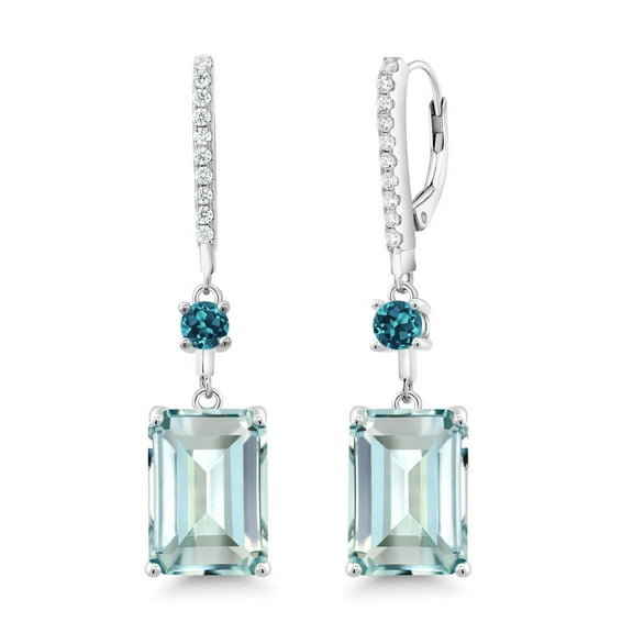 Gem Stone King 14.24 Cttw Sky Blue Simulated Aquamarine and London Blue Topaz Dangle Earrings for Women 925 Sterling Silver | Gemstone Birthstone | Emerald Cut 14X10MM