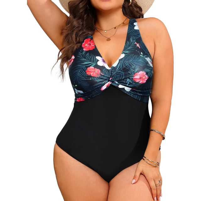 GFDYREE Women Plus Size One Piece Swimsuits V Neck Tummy Control Bathing Suits Front Cross Swimwear