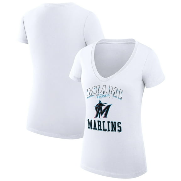 Women's G-III 4Her by Carl Banks White Miami Marlins Super-Slim Fit Lightweight Team Logo Graphic V-Neck T-Shirt