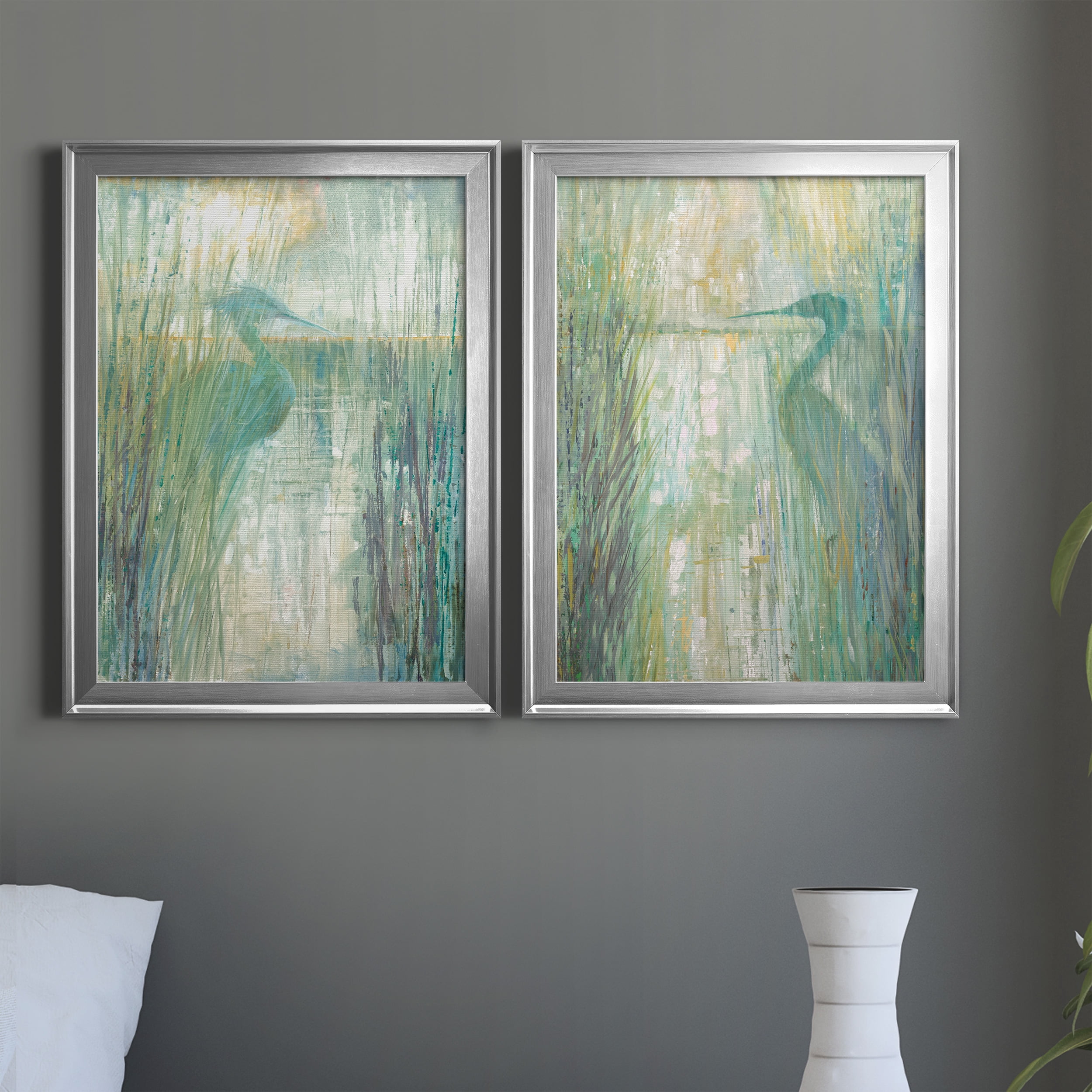 2 Piece Set Morning Egret I Premium Framed Canvas - Ready to Hang - 22.5 x 30.5 Each - Silver Frame