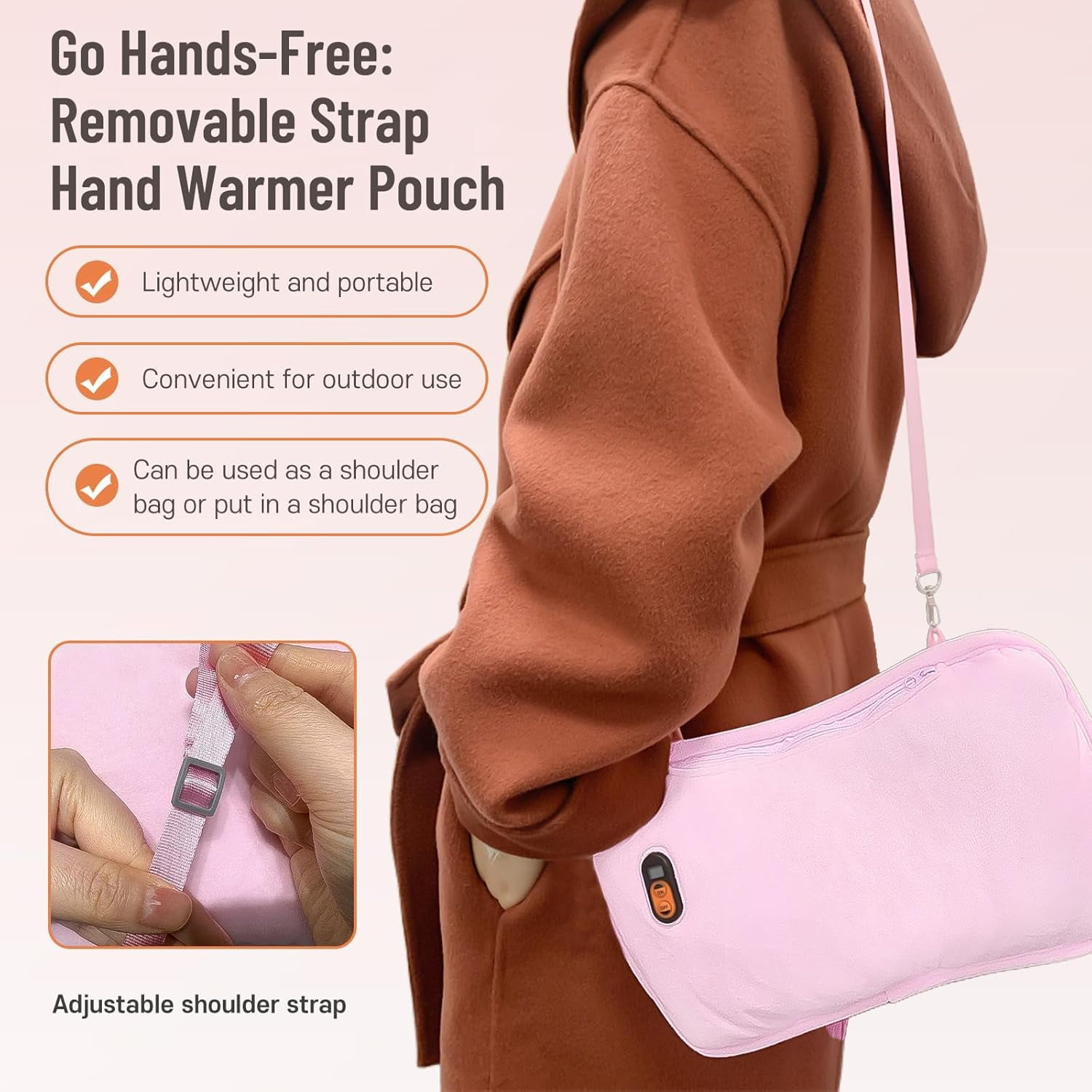 ELORTI Hand Warmers Pouch Rechargeable with 10000mAh Power Bank, 6 Levels Graphene Heated Handwarmer Bag, Double-Sided Heating for Outdoor Fishing Hiking Hunting Skiing, Pink