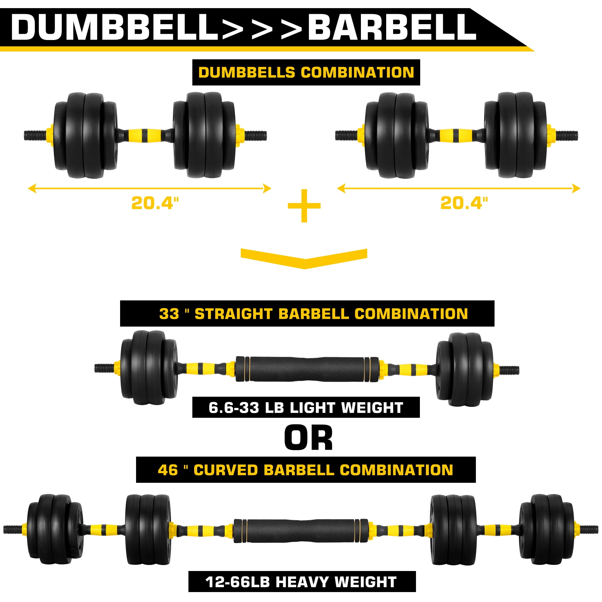 FIXTECH 66 Lbs Adjustable Weight Dumbbell Barbell Set, 4-In-1 Free Weight Combination with Curved Bar Connector for Women Men Workout Fitness, Yellow