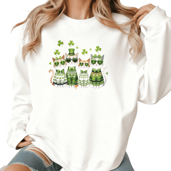 Womens Print Sweatshirt Graphic Sweatshirt St Patricks Day Heart Glasses Cat Group Clover Pattern White Shirts Casual Loose Pullover Tops S-3XL