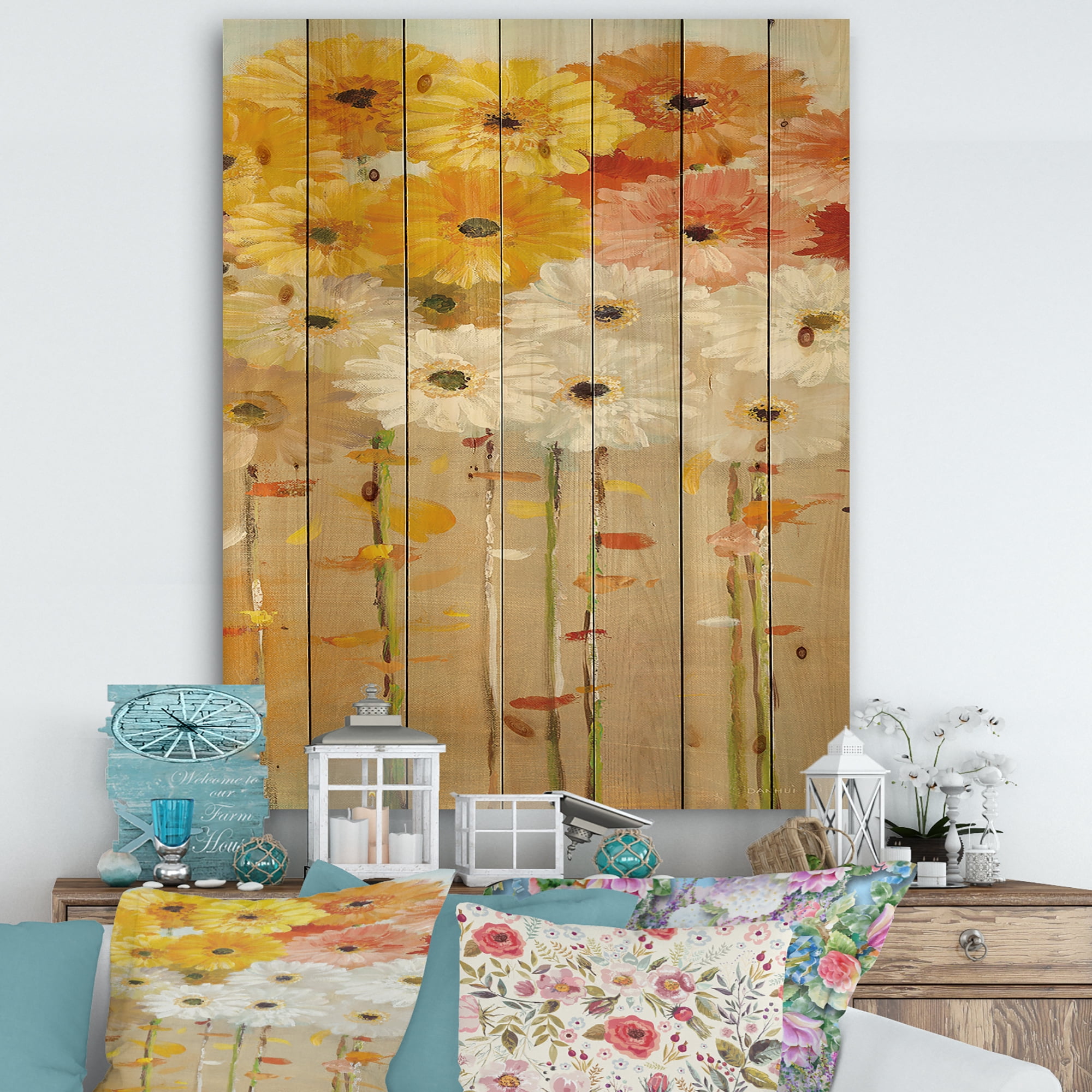 Designart 'Daisies Fall I' Floral & Botanical Print on Natural Pine Wood