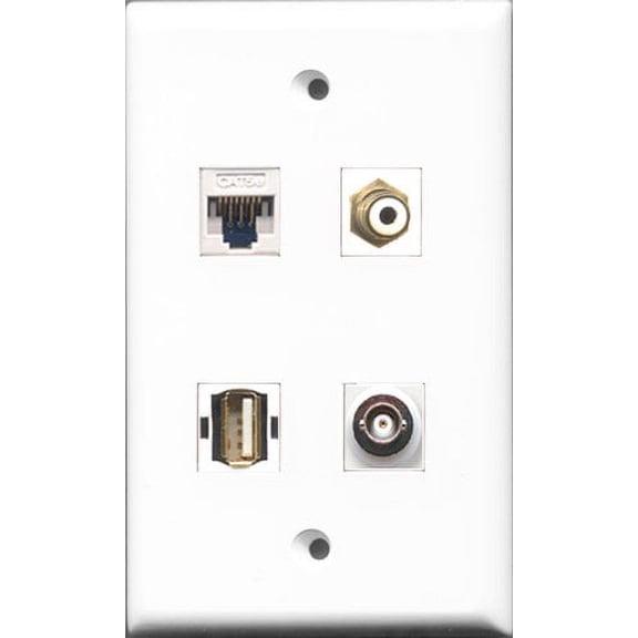 RiteAV 1 Port RCA White and 1 Port USB A-A and 1 Port BNC and 1 Port Cat5e Ethernet White Wall Plate